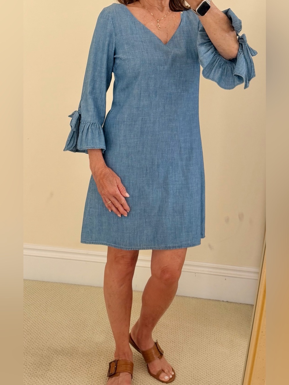 JCrew Factory V-Neck Chambray Ruffle-Sleeve Dress - Blue